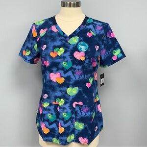 NWT Dickies Scrub Top S Blue Hippie Hearts Love Scrubs Nurse Uniform Medical